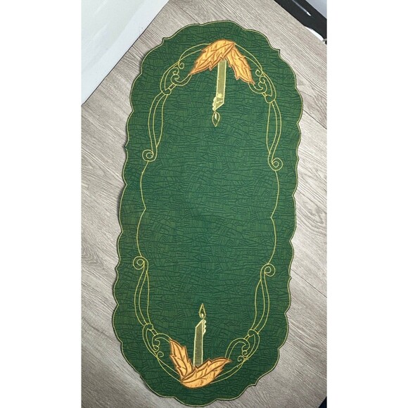 Vintage Green Christmas Candle Dresser Scarf Table Runner 34” X 15” - Picture 1 of 6